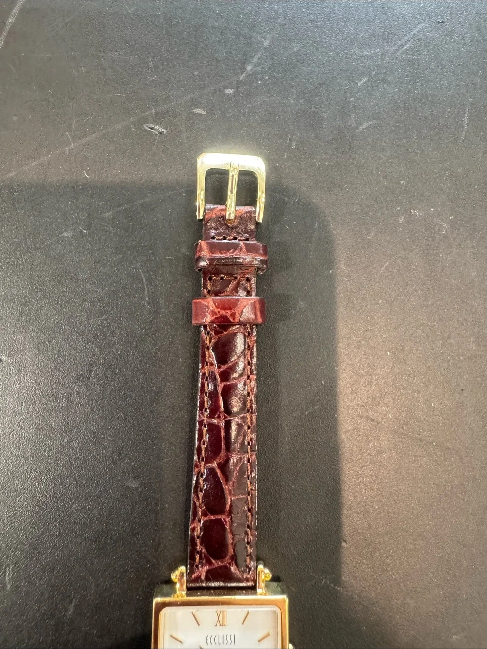 Ecclissi Gold Tone Square Watch with White Roman Dial & Brown Croc Leather Strap
